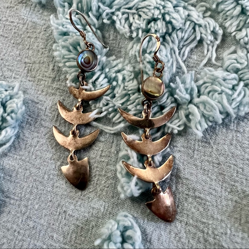 Vintage Sterling Silver Abalone Fishbone Dangle Earrings